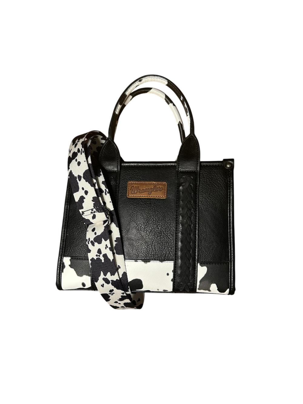Wrangler cow print crossbody tote bag